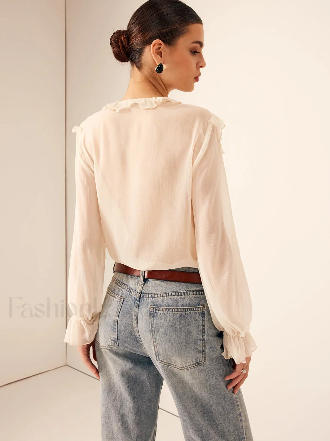 Semi-Sheer Ruffle Chiffon Breasted Blouse