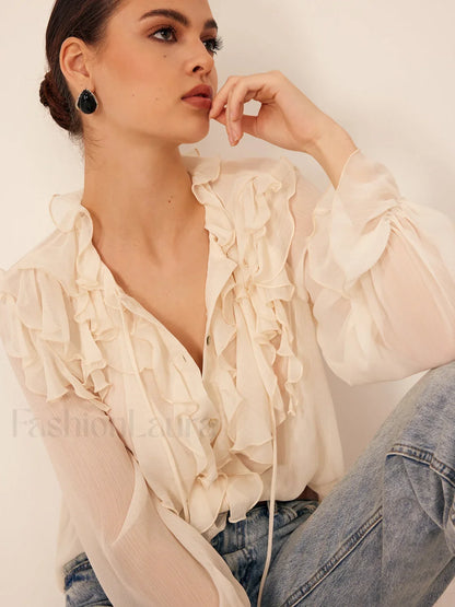 Semi-Sheer Ruffle Chiffon Breasted Blouse