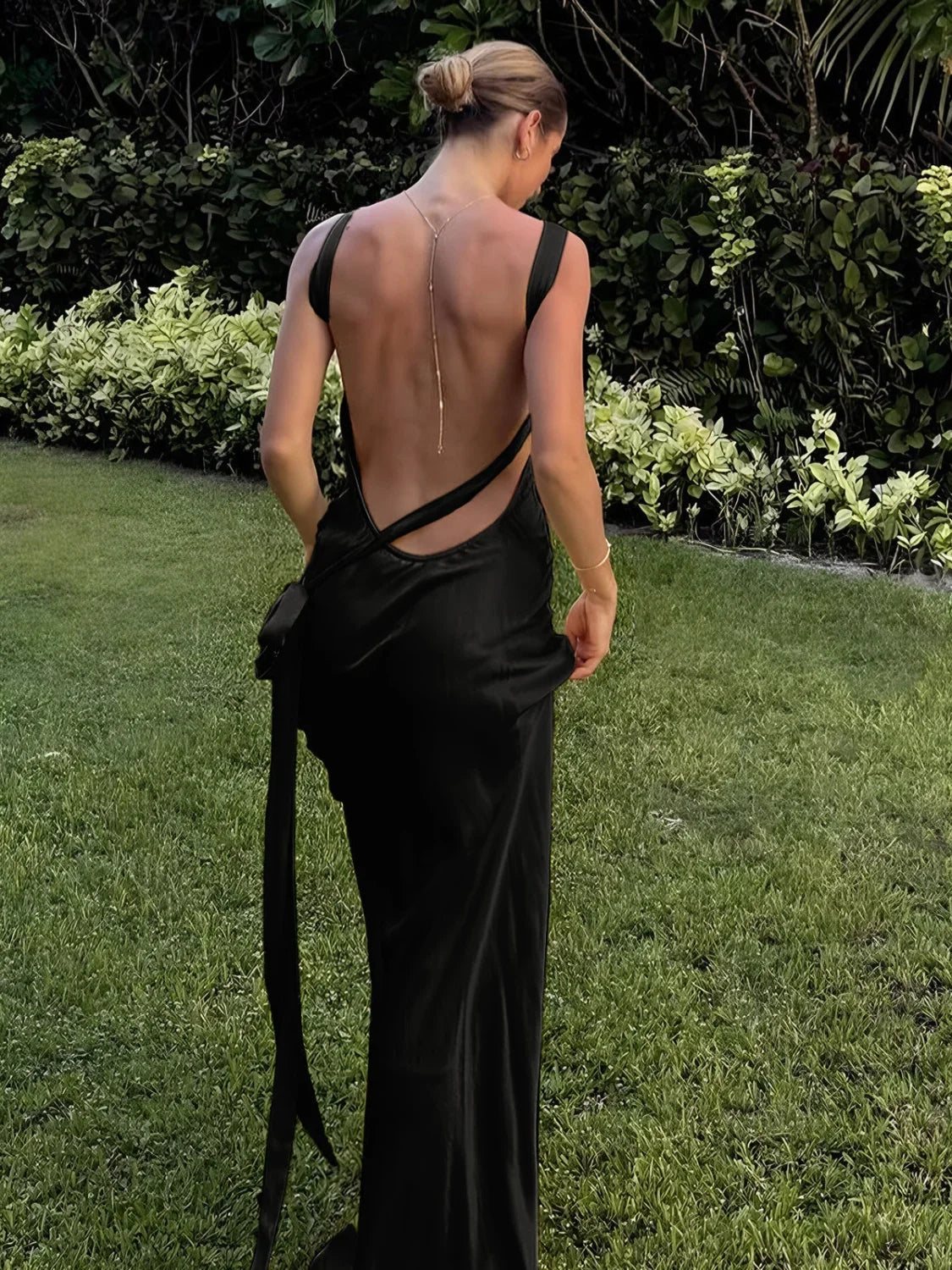 Semi-Sheer Satin Asymmetrical One Shoulder Long Dress