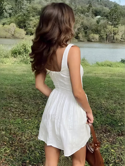 Semi-Sheer Solid Square Neckline Short Dress