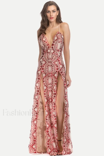 Sequin Slit Glitter Charming Maxi Evening Party Dress