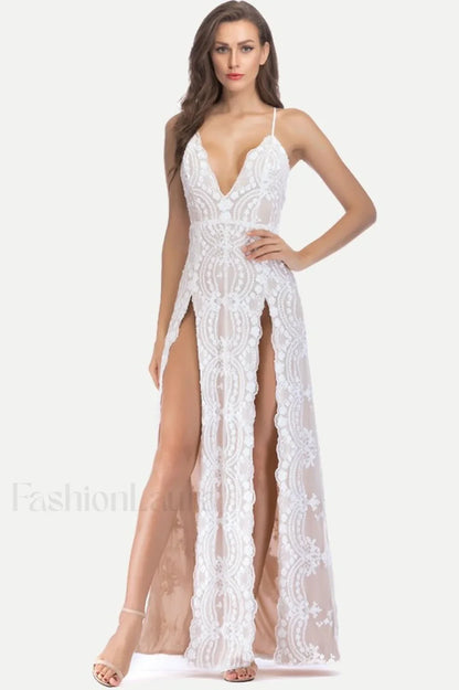 Sequin Slit Glitter Charming Maxi Evening Party Dress