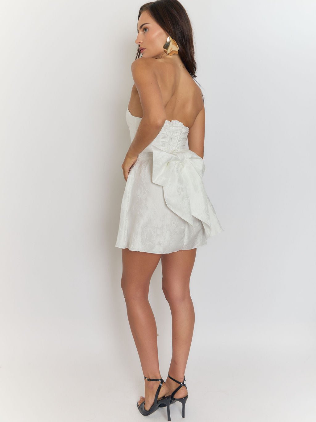 White Strapless Jacquard Brocade Bow Detail A-Line Mini Dress