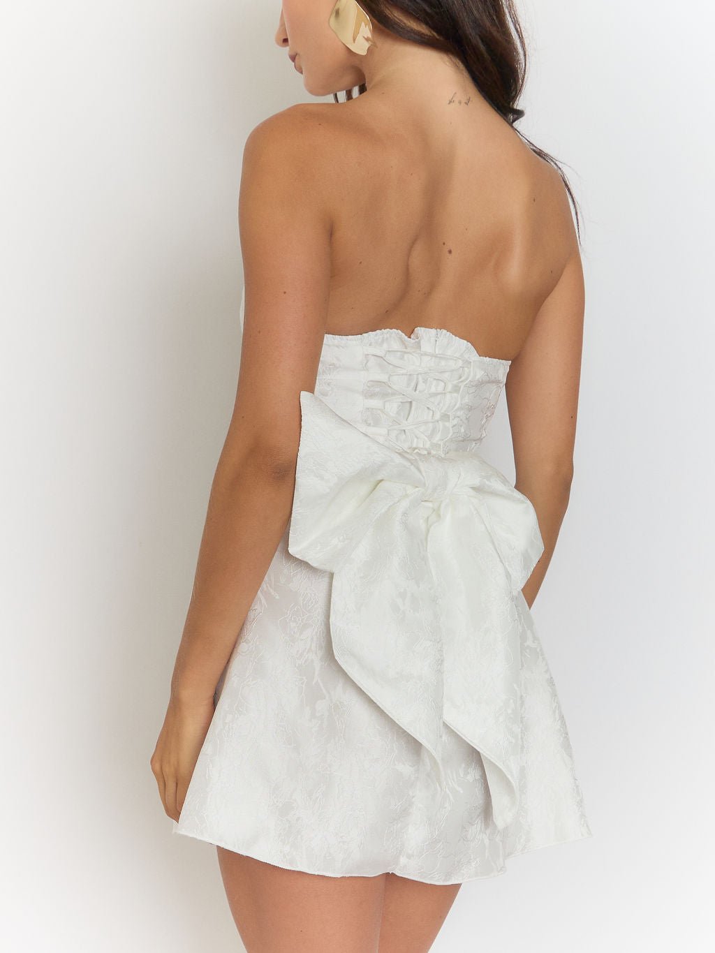 White Strapless Jacquard Brocade Bow Detail A-Line Mini Dress