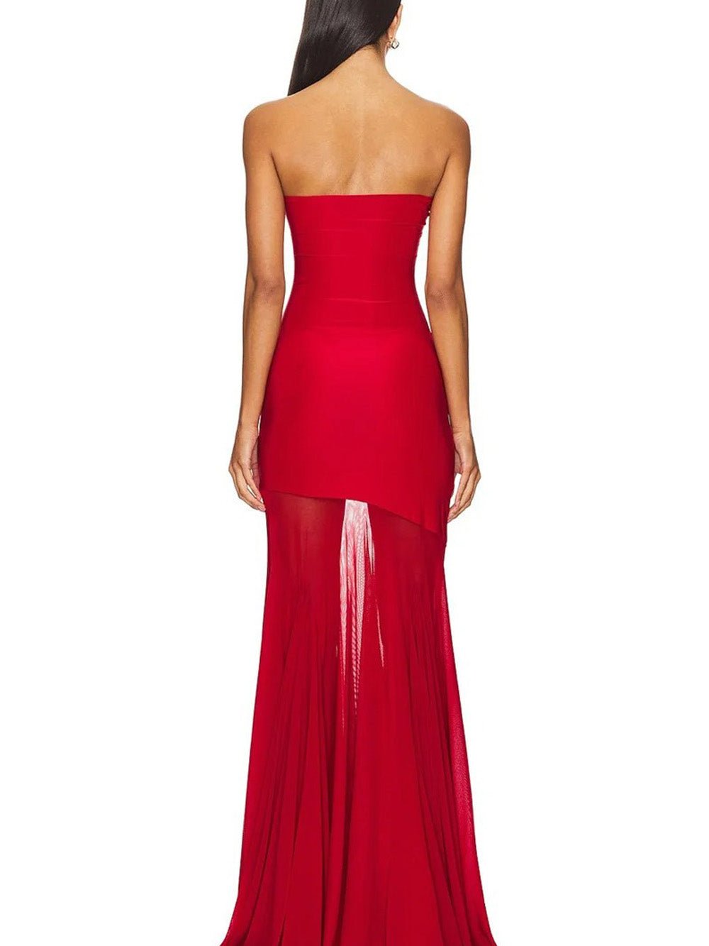 Red Mesh Strapless Bodycon High Low Mermaid Maxi Gown