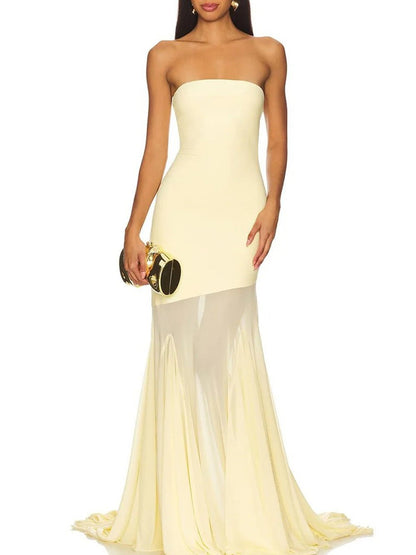 Yellow Mesh Strapless Bodycon High Low Mermaid Maxi Gown