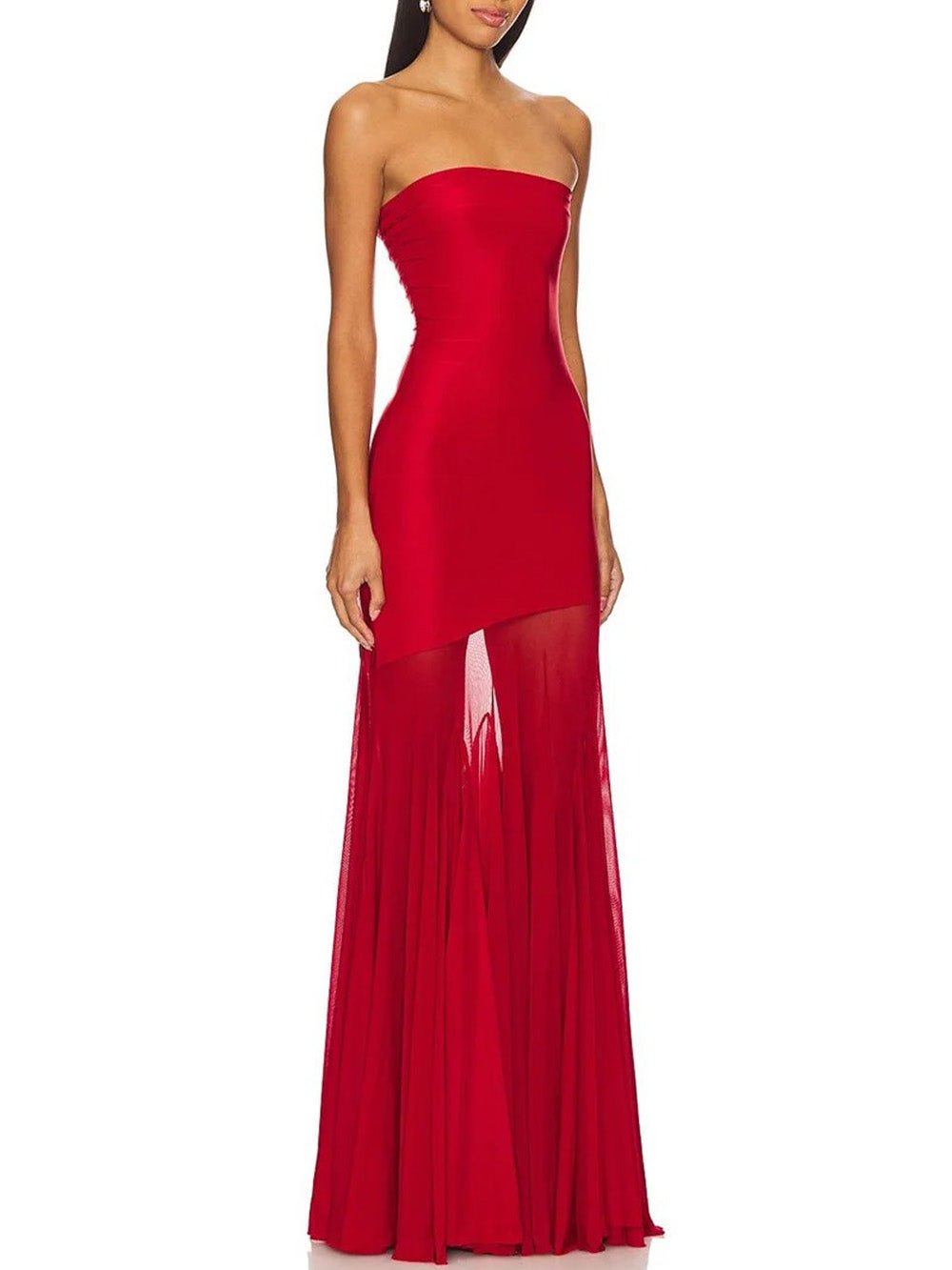 Red Mesh Strapless Bodycon High Low Mermaid Maxi Gown