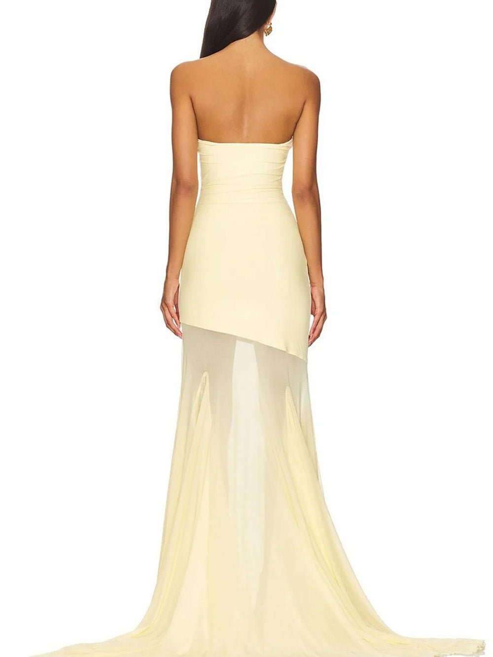 Yellow Mesh Strapless Bodycon High Low Mermaid Maxi Gown