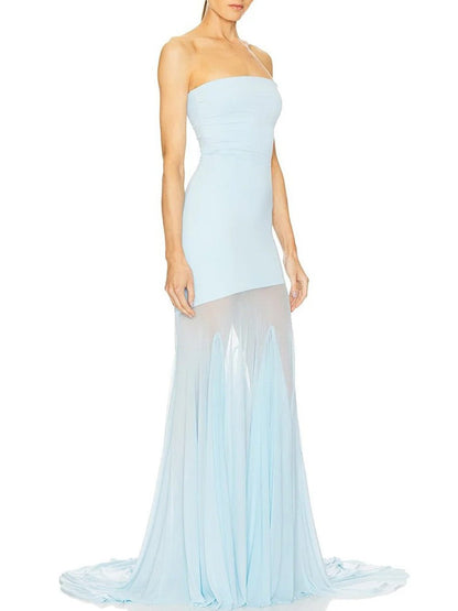 Blue Mesh Strapless Bodycon High Low Mermaid Maxi Gown