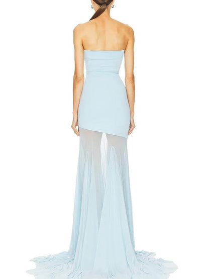 Blue Mesh Strapless Bodycon High Low Mermaid Maxi Gown