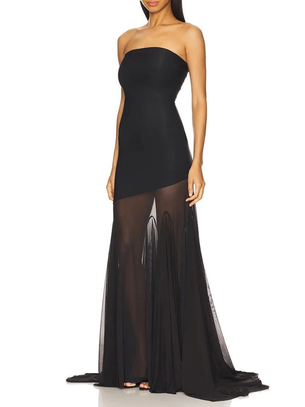 Black Mesh Strapless Bodycon High Low Mermaid Maxi Gown