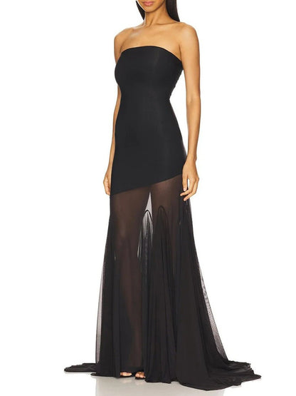 Black Mesh Strapless Bodycon High Low Mermaid Maxi Gown