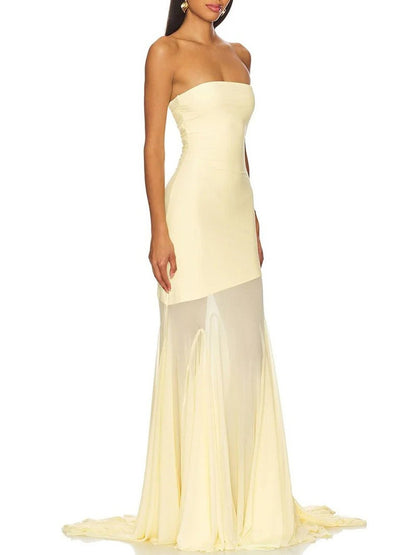 Yellow Mesh Strapless Bodycon High Low Mermaid Maxi Gown