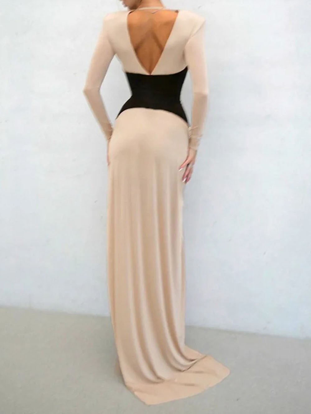 Beige Long Sleeve Deep V-Neck Wide Waist Band High Split Maxi Dress