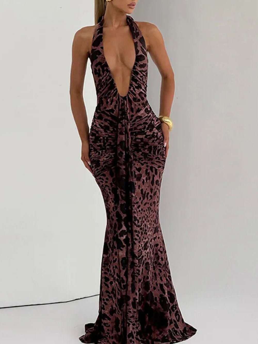 Brown Halter Neck Deep V-Neck Ruched Mermaid Maxi Dress