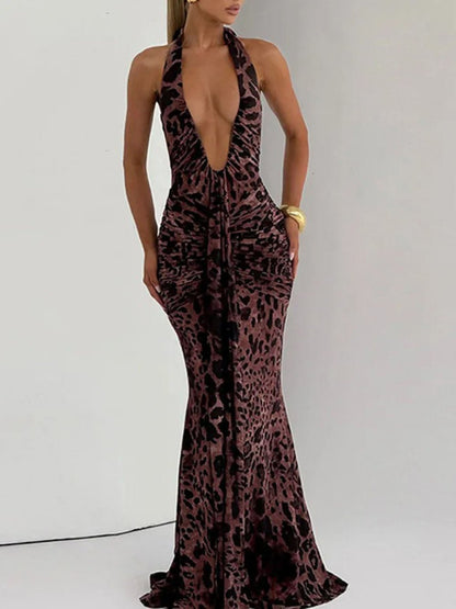 Brown Halter Neck Deep V-Neck Ruched Mermaid Maxi Dress
