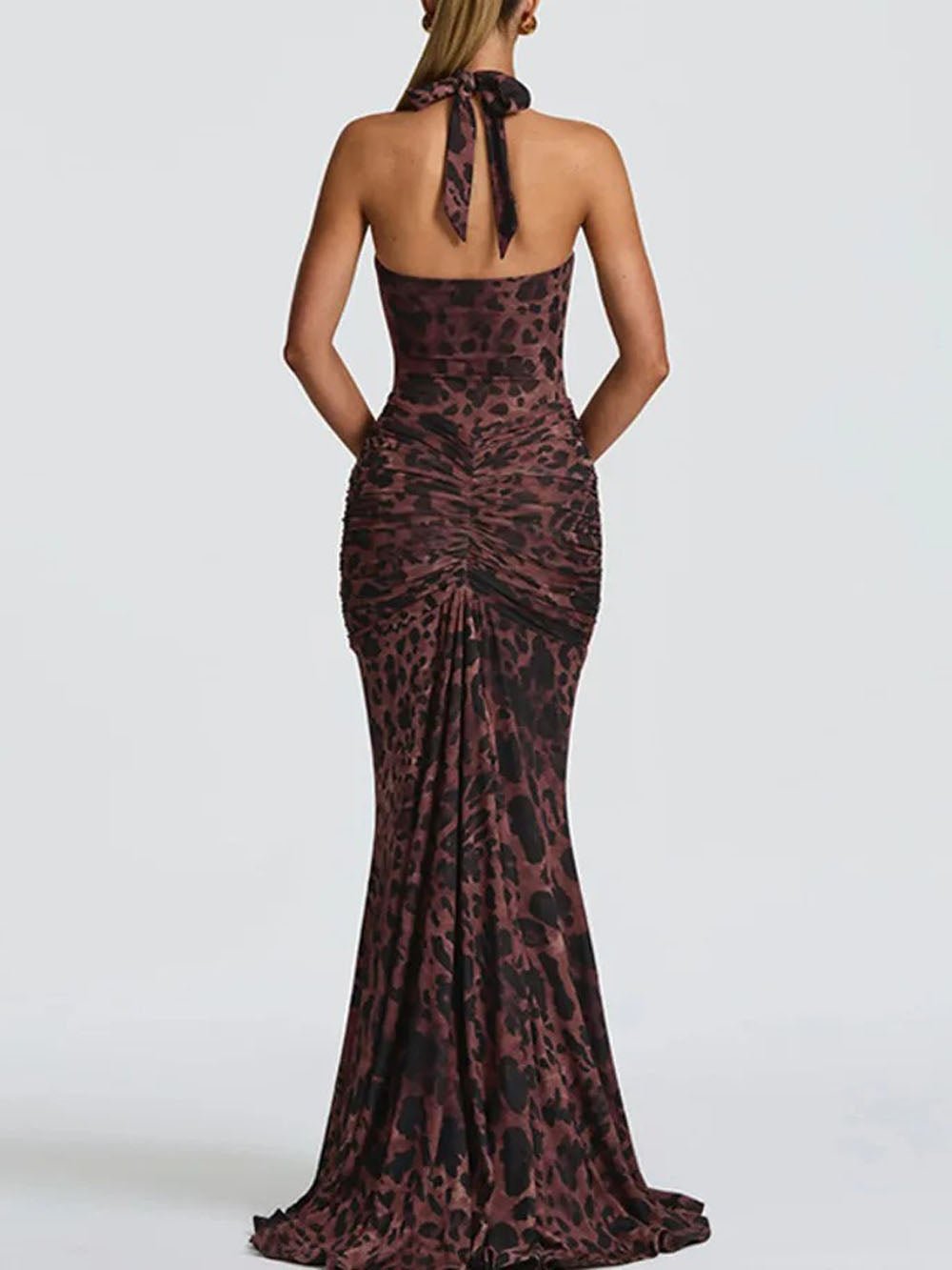 Brown Halter Neck Deep V-Neck Ruched Mermaid Maxi Dress