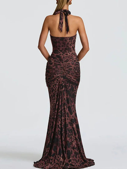 Brown Halter Neck Deep V-Neck Ruched Mermaid Maxi Dress