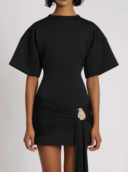 Black Mock Neck Boxy Short Sleeve Ruched Metal Buckle Sash Mini Dress