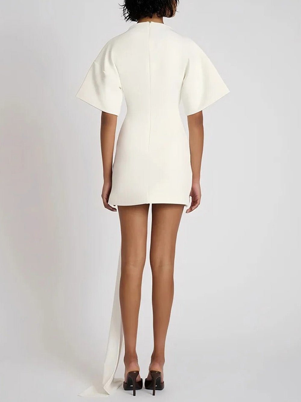 White Mock Neck Boxy Short Sleeve Ruched Metal Buckle Sash Mini Dress