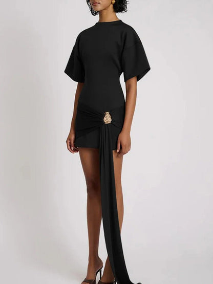 Black Mock Neck Boxy Short Sleeve Ruched Metal Buckle Sash Mini Dress