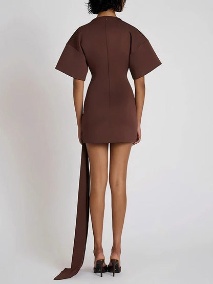 Brown Mock Neck Boxy Short Sleeve Ruched Metal Buckle Sash Mini Dress