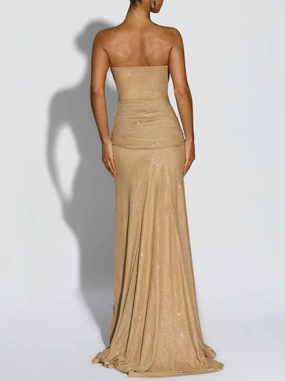 Beige Glitter Strapless Bandeau Ruched Knot Waist Draped Sash Column Maxi Gown