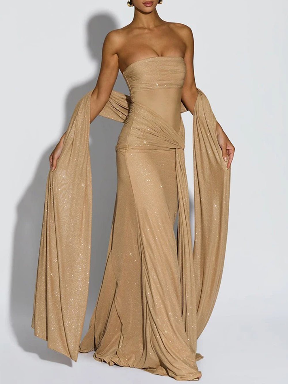 Beige Glitter Strapless Bandeau Ruched Knot Waist Draped Sash Column Maxi Gown