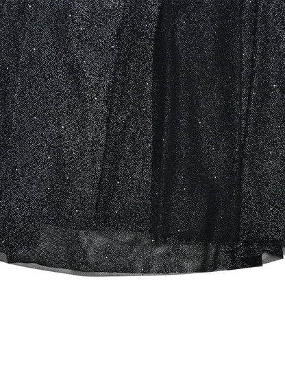 Black Glitter Strapless Bandeau Ruched Knot Waist Draped Sash Column Maxi Gown