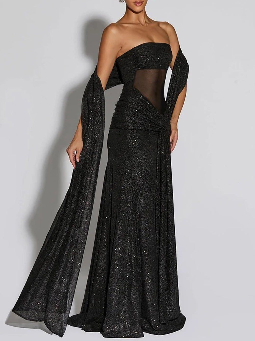 Black Glitter Strapless Bandeau Ruched Knot Waist Draped Sash Column Maxi Gown