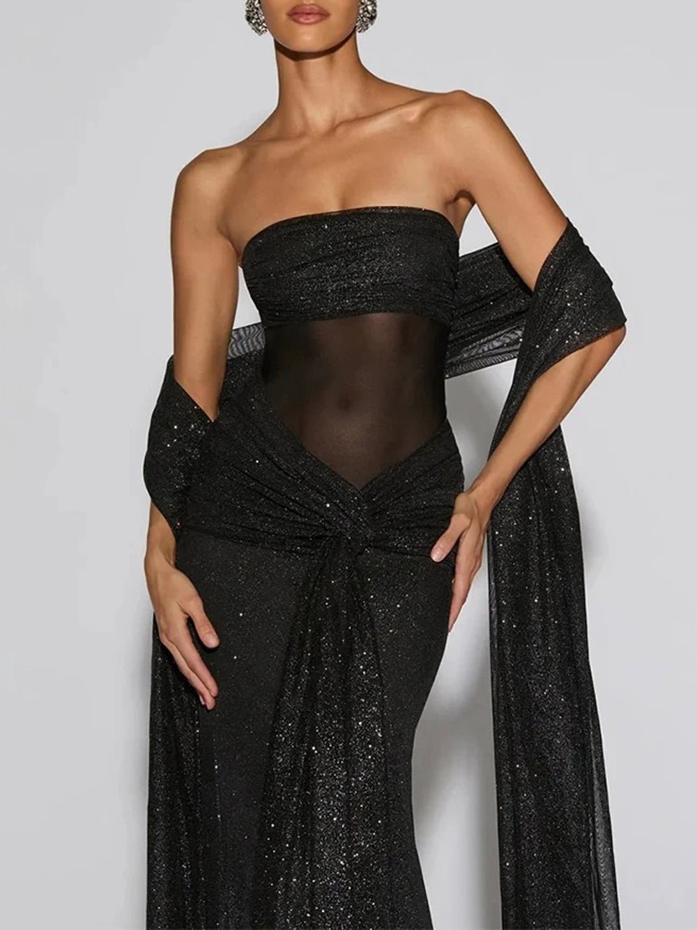 Black Glitter Strapless Bandeau Ruched Knot Waist Draped Sash Column Maxi Gown