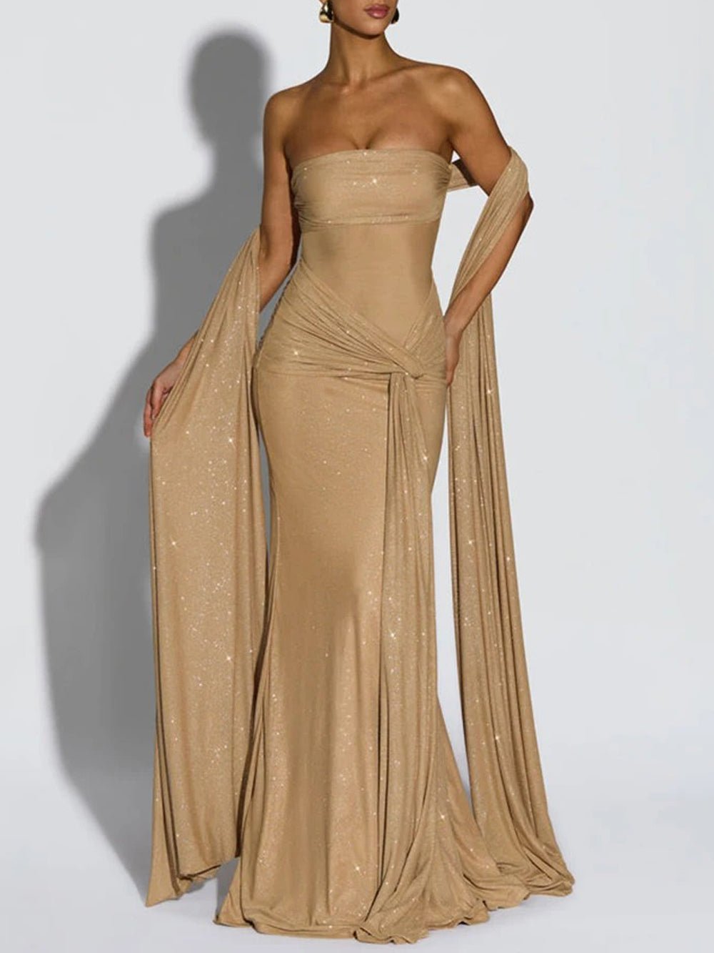 Beige Glitter Strapless Bandeau Ruched Knot Waist Draped Sash Column Maxi Gown