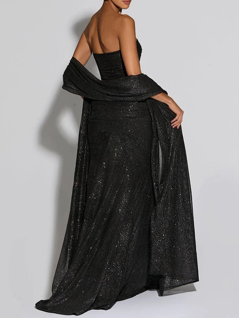 Black Glitter Strapless Bandeau Ruched Knot Waist Draped Sash Column Maxi Gown