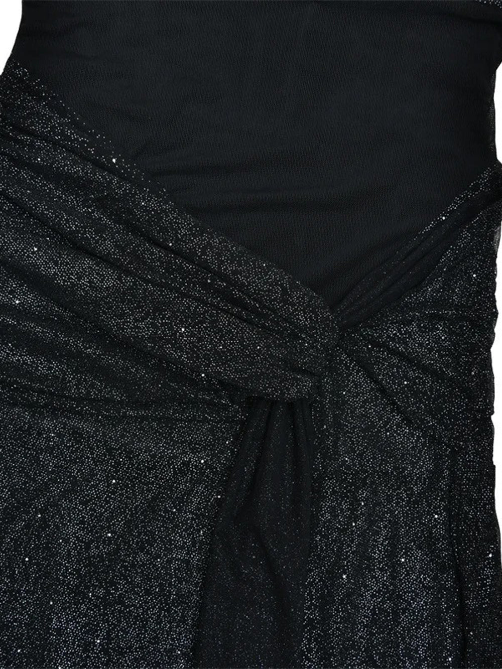 Black Glitter Strapless Bandeau Ruched Knot Waist Draped Sash Column Maxi Gown