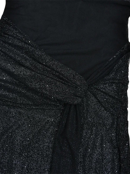 Black Glitter Strapless Bandeau Ruched Knot Waist Draped Sash Column Maxi Gown