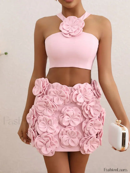 Sexy Flower Backless Pink Two Piece Set