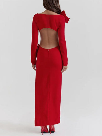 Red Boat Neck Long Sleeve Shoulder Bow Waist Cut Out High Split Maxi Dress