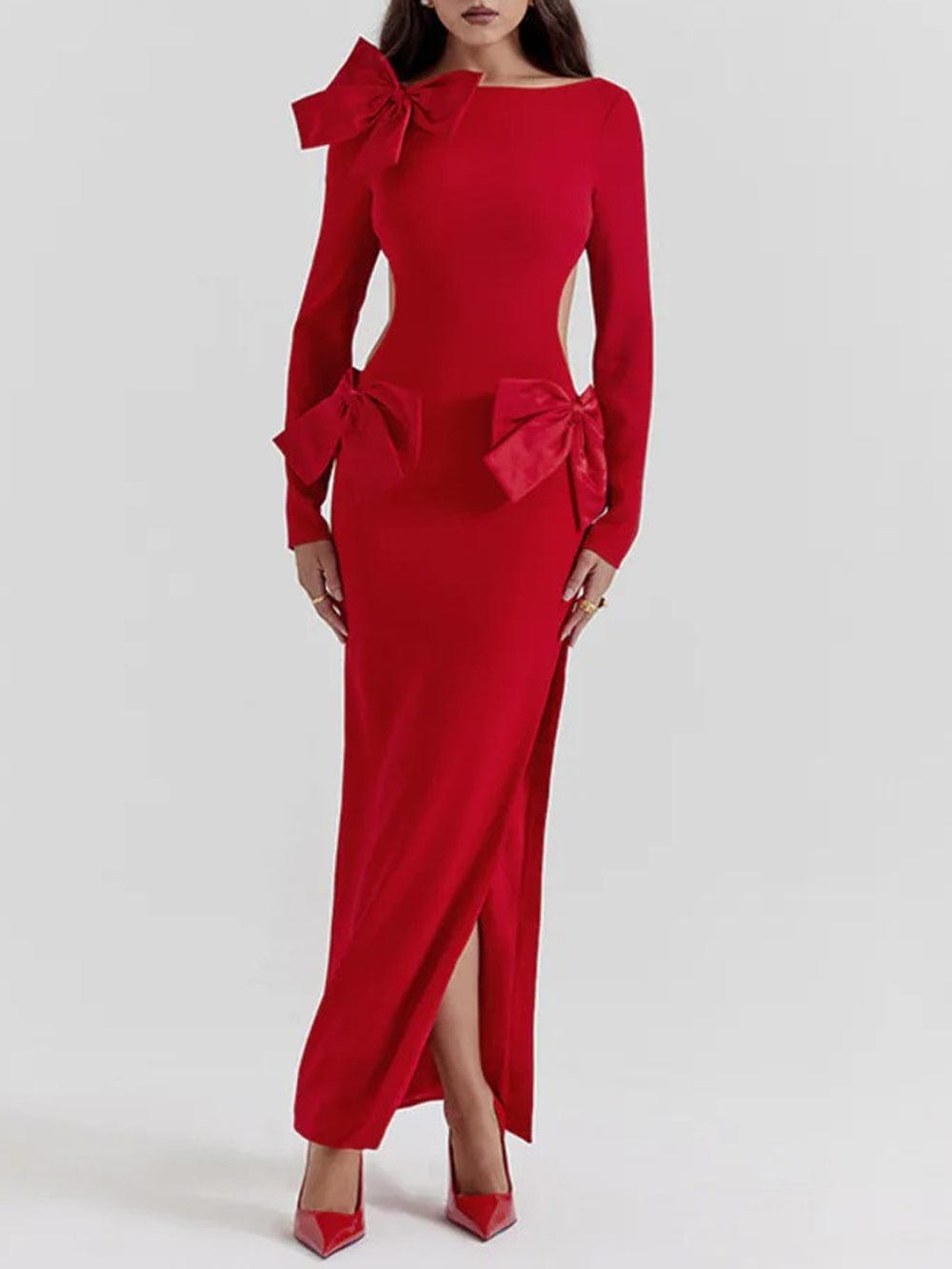Red Boat Neck Long Sleeve Shoulder Bow Waist Cut Out High Split Maxi Dress