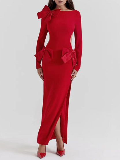 Red Boat Neck Long Sleeve Shoulder Bow Waist Cut Out High Split Maxi Dress