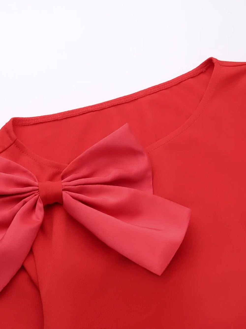 Red Boat Neck Long Sleeve Shoulder Bow Waist Cut Out High Split Maxi Dress