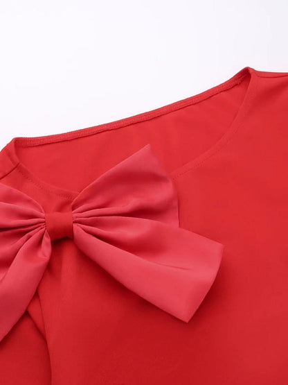 Red Boat Neck Long Sleeve Shoulder Bow Waist Cut Out High Split Maxi Dress