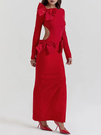 Red Boat Neck Long Sleeve Shoulder Bow Waist Cut Out High Split Maxi Dress
