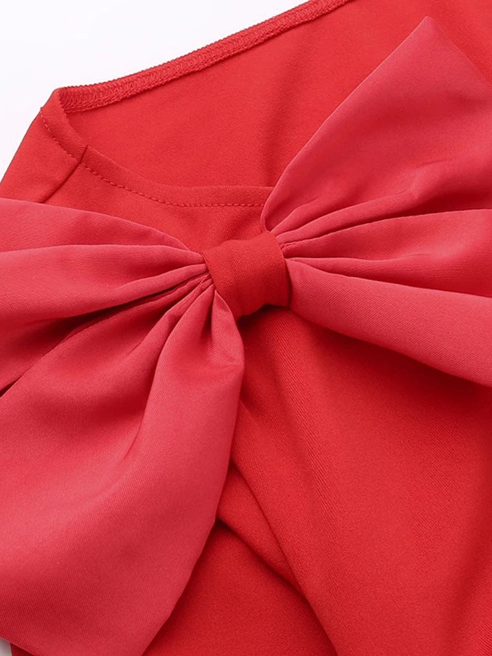 Red Boat Neck Long Sleeve Shoulder Bow Waist Cut Out High Split Maxi Dress