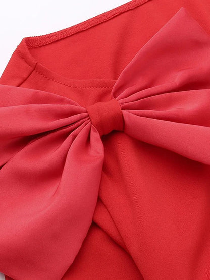 Red Boat Neck Long Sleeve Shoulder Bow Waist Cut Out High Split Maxi Dress