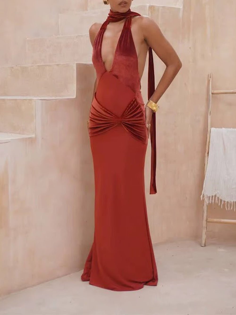 Red Velvet Halter Neck Deep V-Neck Ruched Draped Waist Scarf Neck Detail Column Maxi Gown
