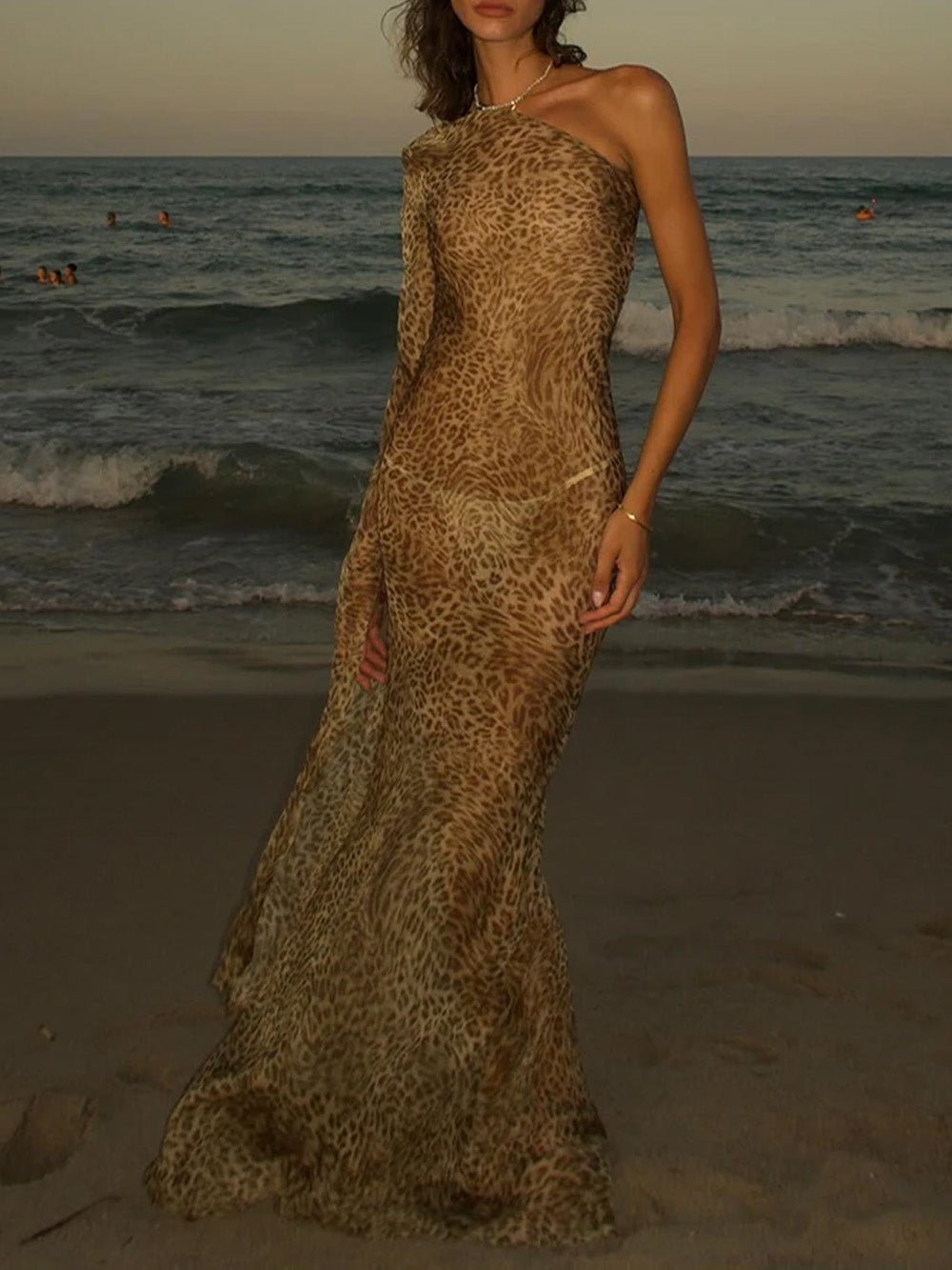 Brown Mesh One Shoulder Bodycon Maxi Dress