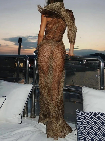 Brown Mesh One Shoulder Bodycon Maxi Dress