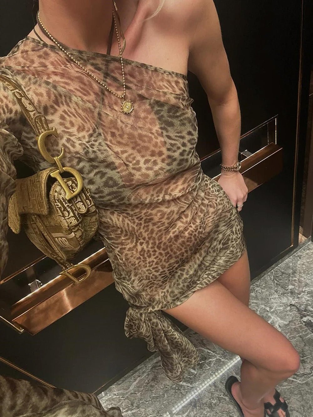 Brown Mesh One Shoulder Bodycon Maxi Dress
