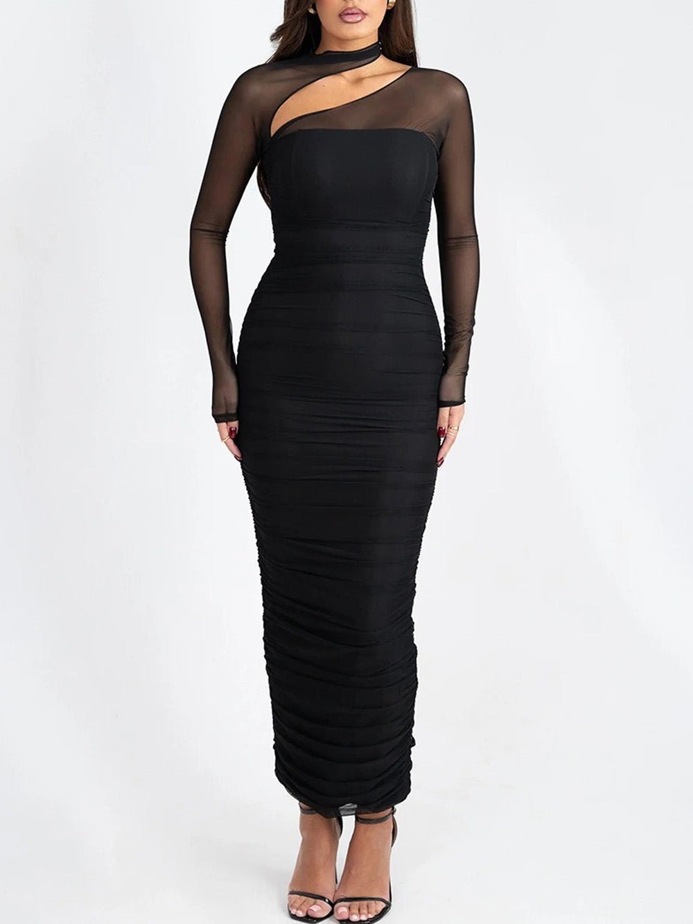 Black Mesh Mock Neck Asymmetric Cut Out Long Sleeve Ruched Maxi Dress