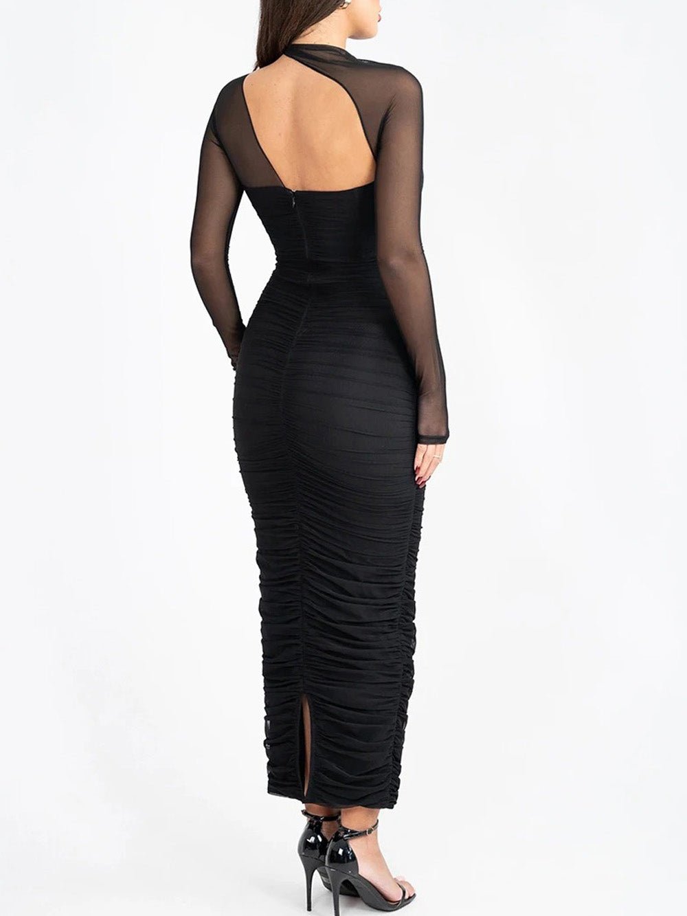 Black Mesh Mock Neck Asymmetric Cut Out Long Sleeve Ruched Maxi Dress